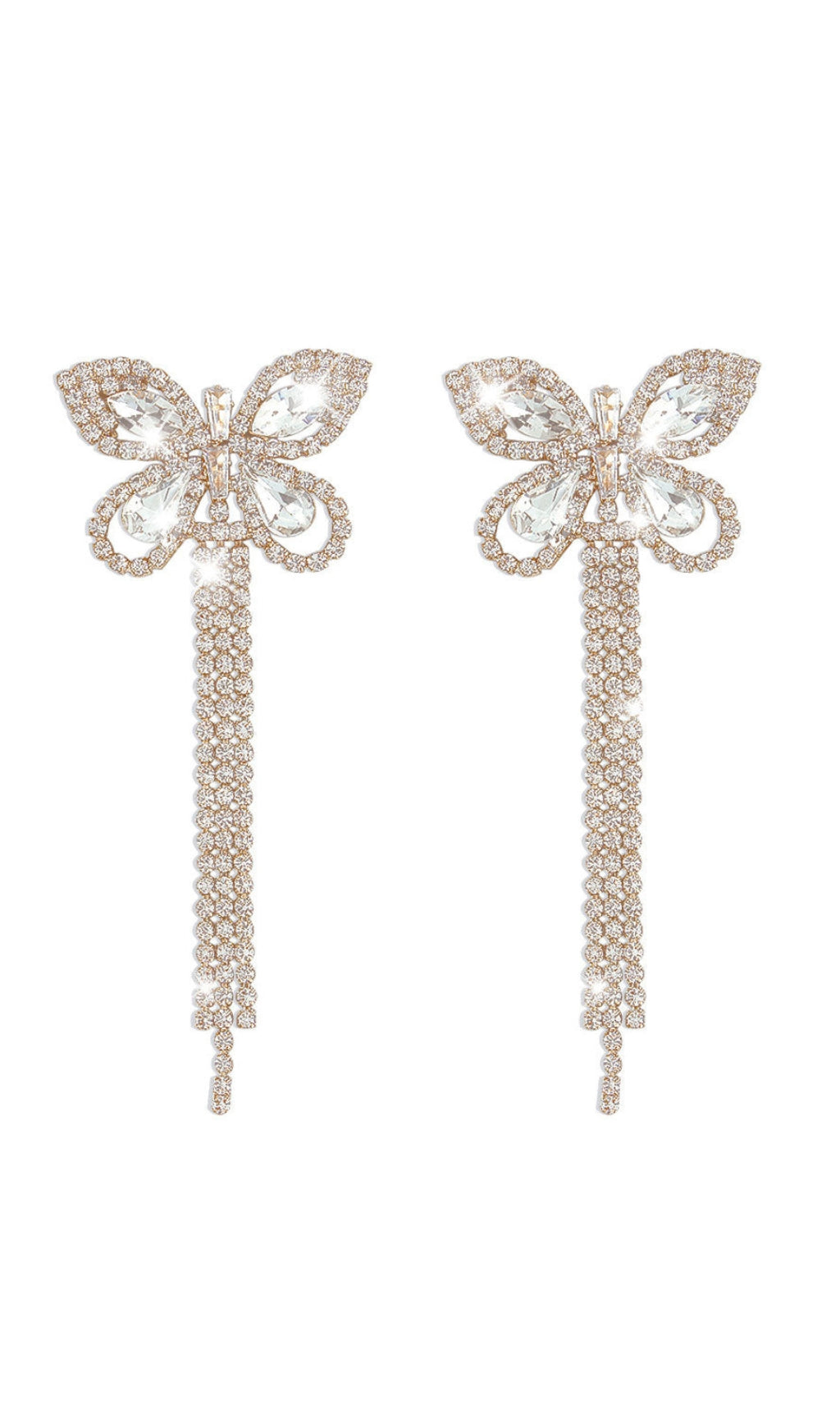 Sparkly Rhinestone Embellished Butterfly Tassel Earrings - Gold