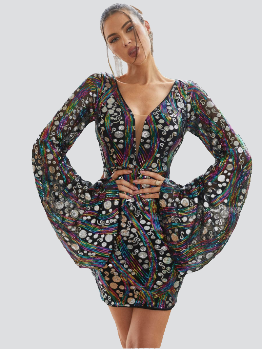 V-Neck Flared Sleeve Multicolor Sequin Mini Dress