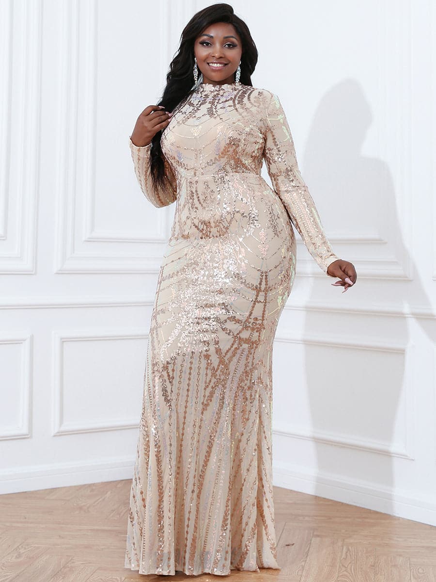 Plus Size Cutout Long Sleeve Sequin Dress