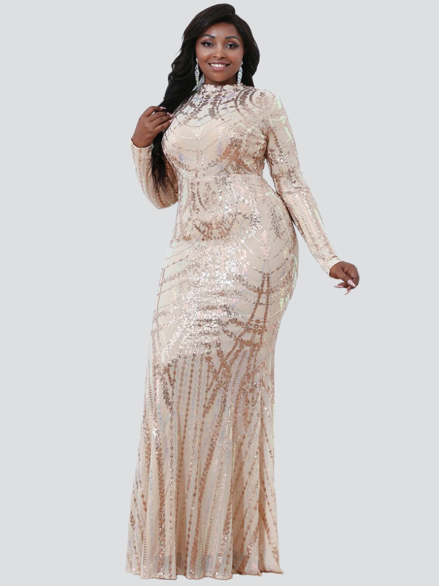 Plus Size Cutout Long Sleeve Sequin Dress
