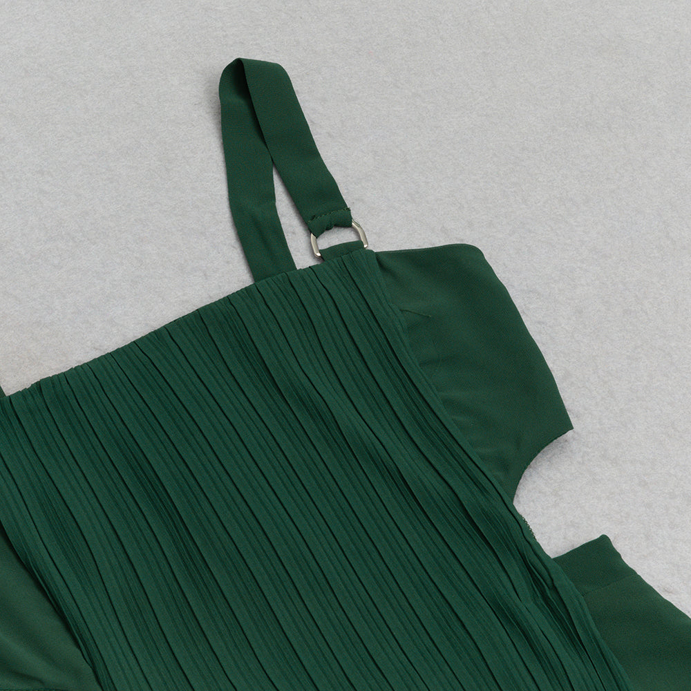 GREEN SLEEVELESS STRAP PLEATED DRESS