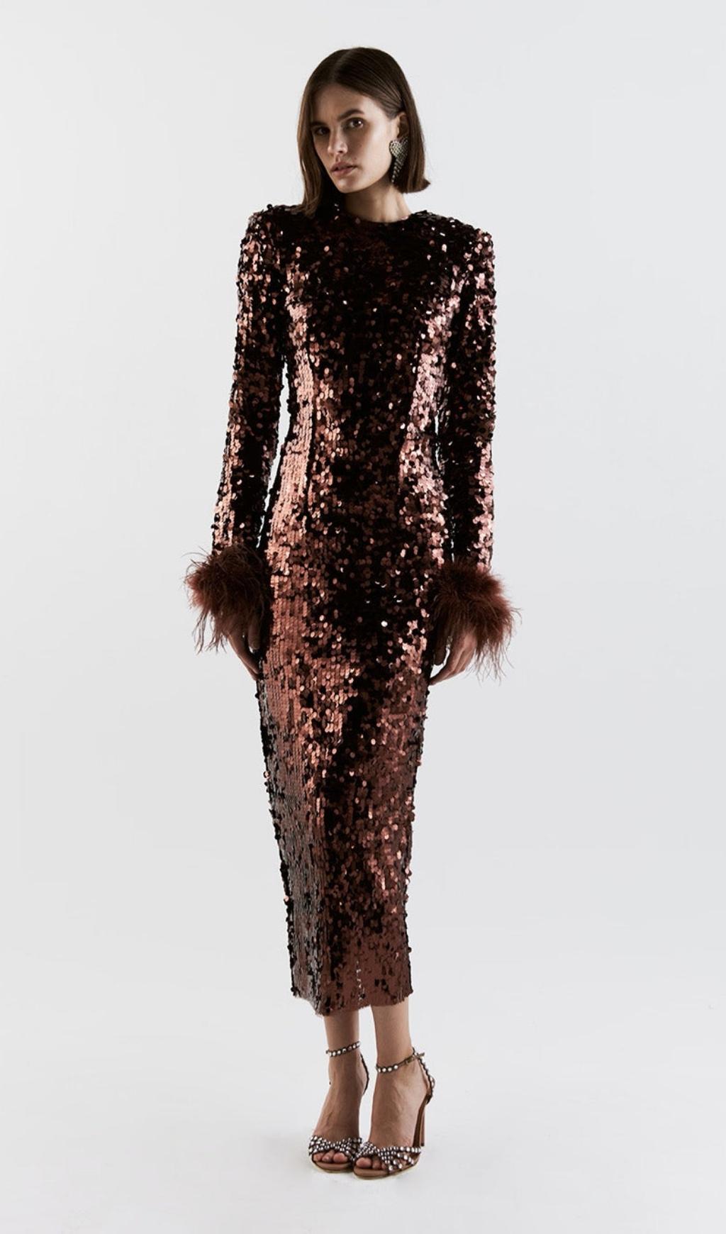SEQUIN FEATHER LONG SLEEVES MIDI DRESS styleofcb 