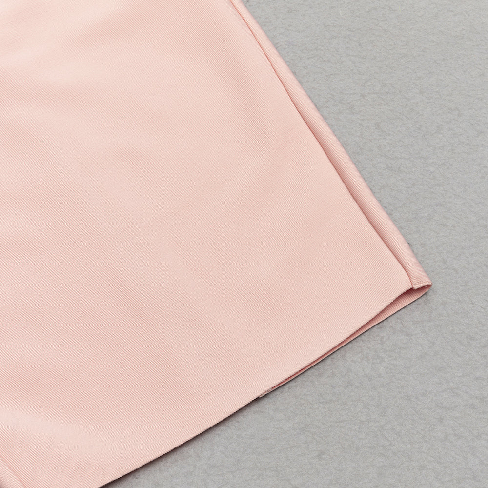 PINK MESH LONG-SLEEVED SLOPE NECK HOLLOW DRESS