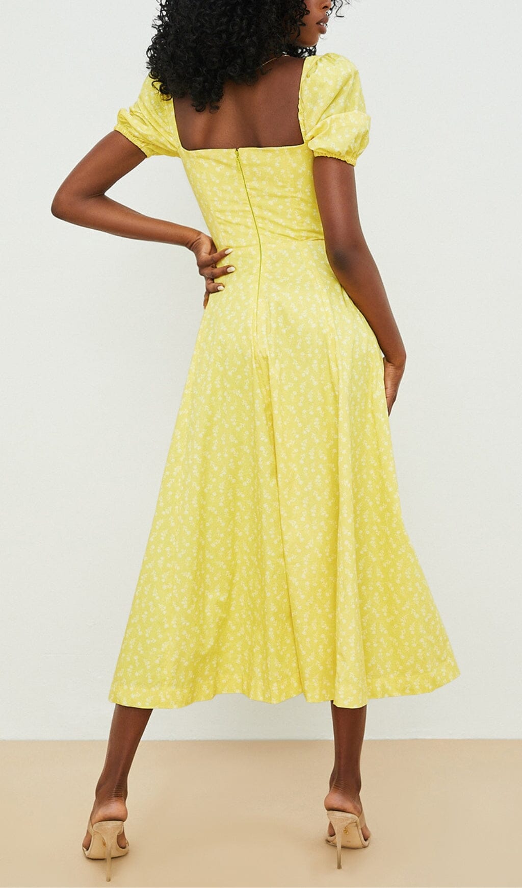 VINTAGE FLORAL PUFF SLEEVE MIDI DRESS IN YELLOW styleofcb 