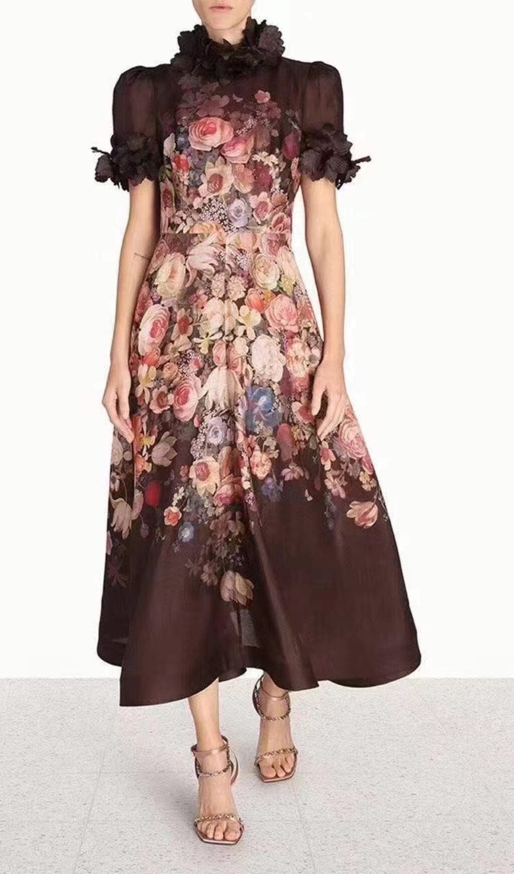 PRINTED FLOWER EMBELLISHED MIDI DRESS