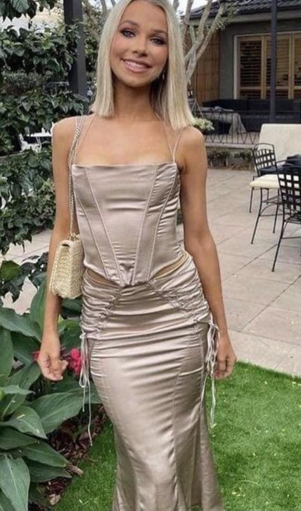 SATIN TWO PIECE MIDI DRESS IN BROWN