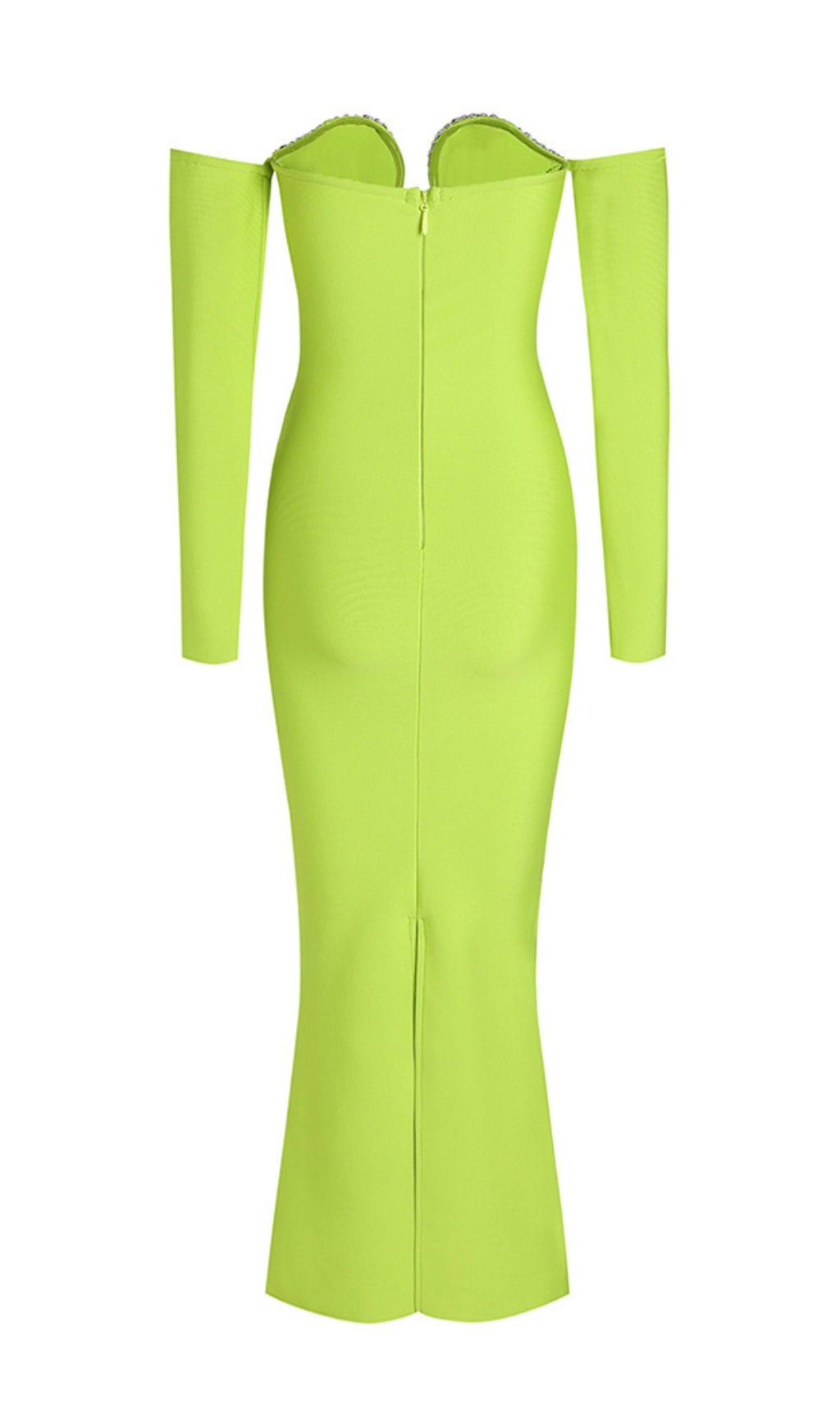 GREEN V-NECK OFF-SHOULDER LONG-SLEEVED MESH DIAMOND BANDAGE DRESS