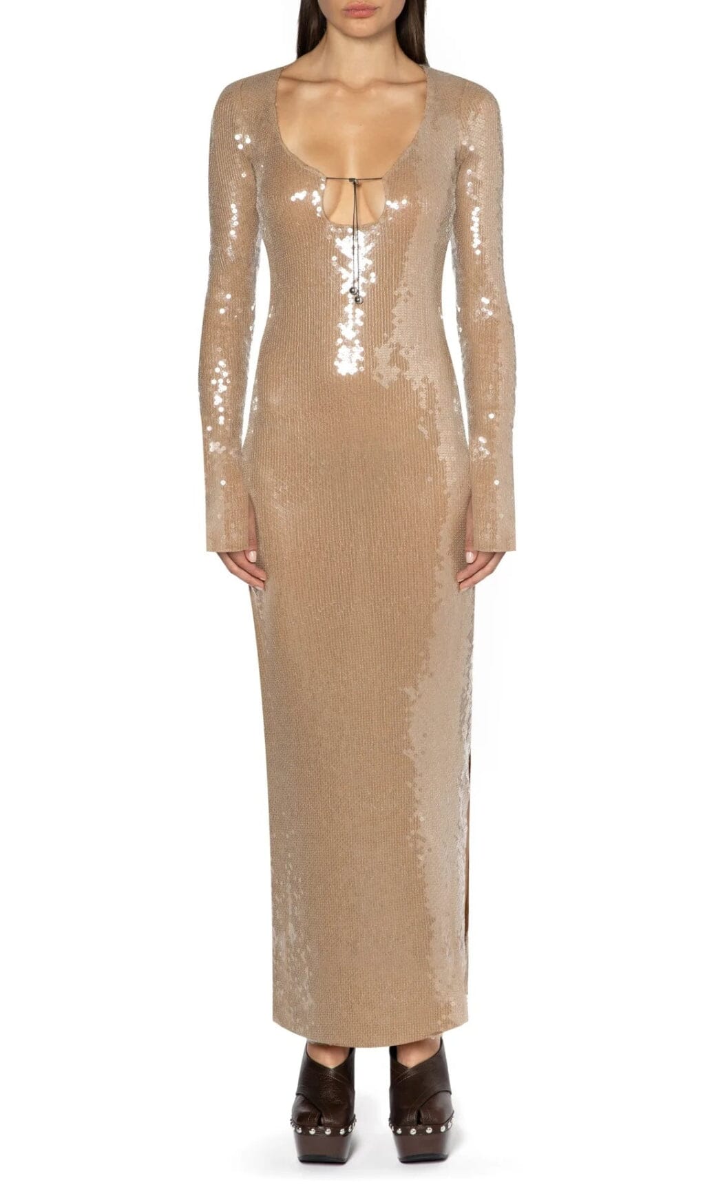SEQUINED WITH LONG SLEEVES AND BACKLESS DRESS IN KHAKI styleofcb 