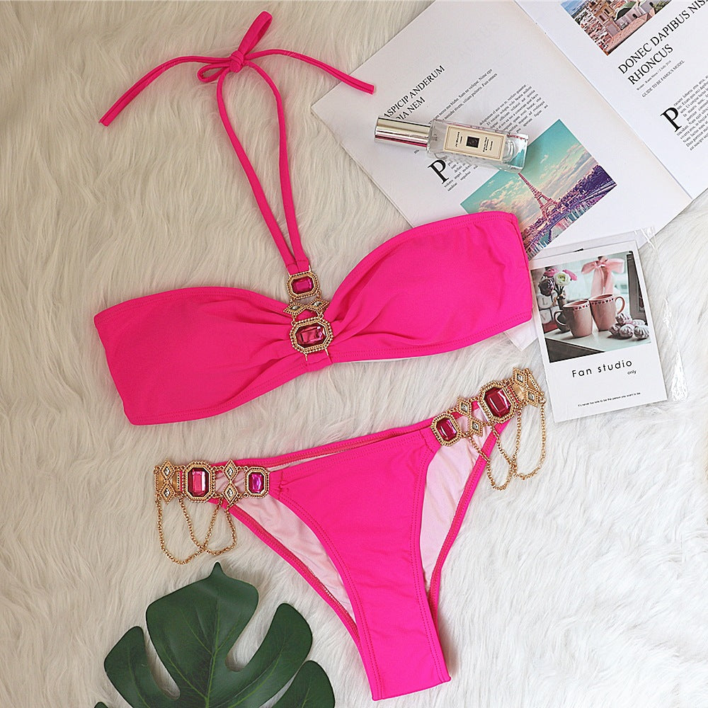 HALTER NECK EMBELLISHED BIKINI TWO PIECE SET IN HOT PINK-Swimwear-Oh CICI SHOP