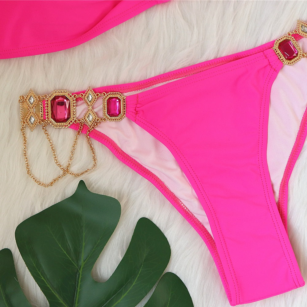 HALTER NECK EMBELLISHED BIKINI TWO PIECE SET IN HOT PINK-Swimwear-Oh CICI SHOP