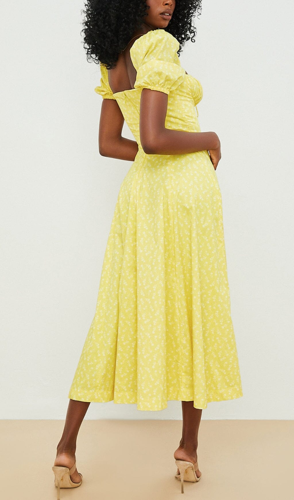 VINTAGE FLORAL PUFF SLEEVE MIDI DRESS IN YELLOW styleofcb 