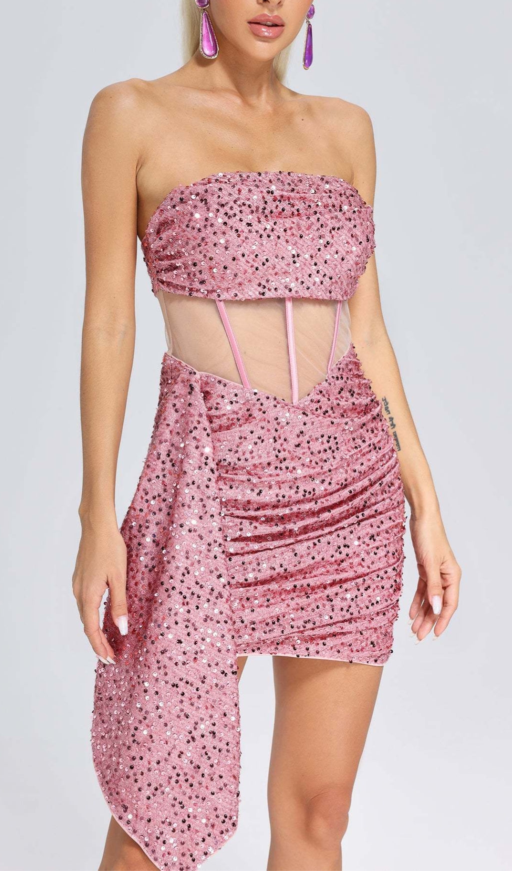 SEQUIN MESH RUCHED MINI DRESS