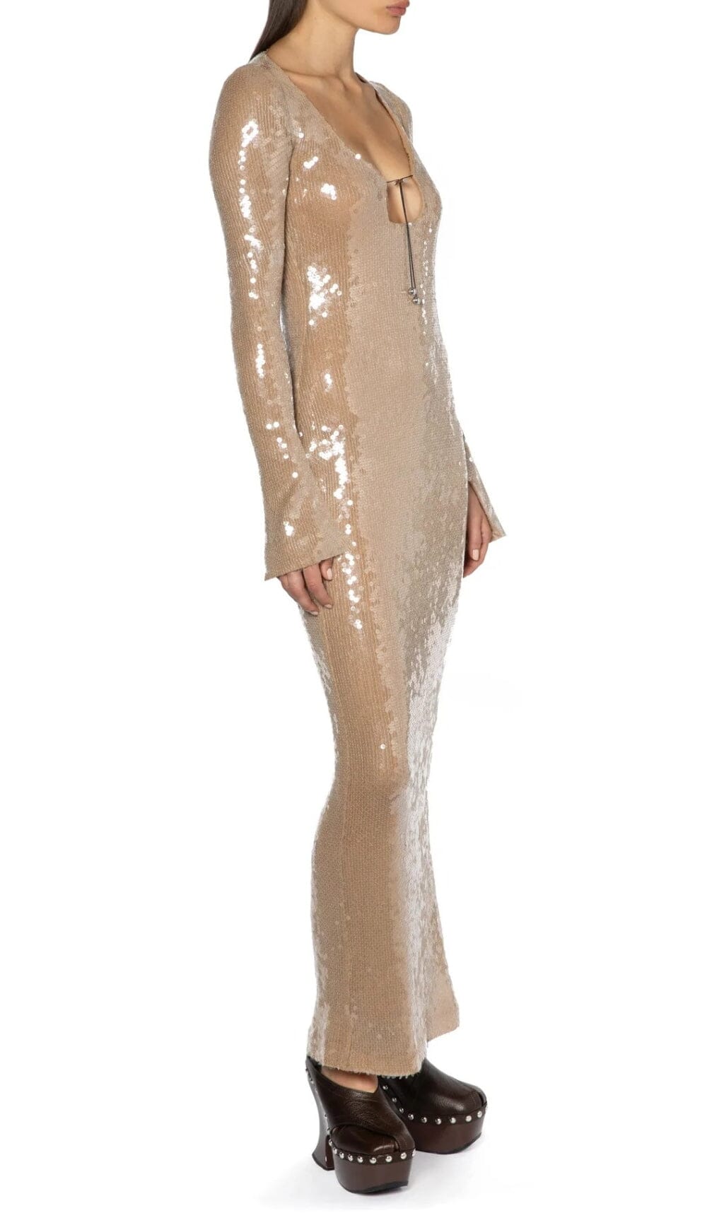 SEQUINED WITH LONG SLEEVES AND BACKLESS DRESS IN KHAKI styleofcb 