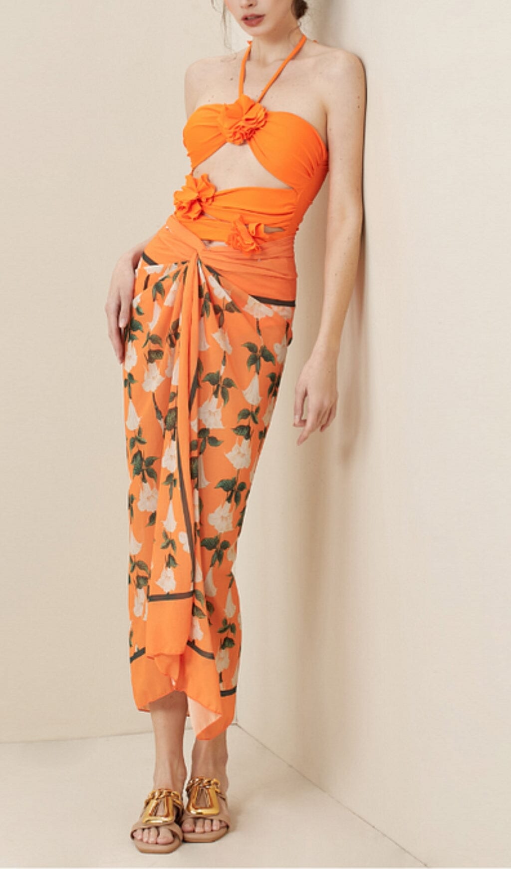 HALTER CUTOUT 3D FLOWER DECOR ONE PIECE SWIMSUIT AND SARONG styleofcb 