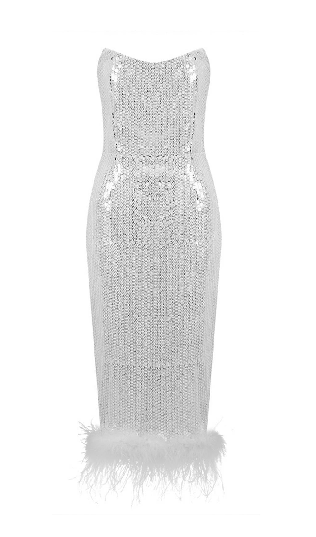 SEQUIN FEATHER MIDI DRESS IN WHITE styleofcb 