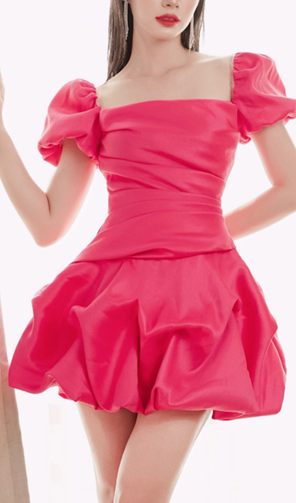 PUFF SLEEVE MINI DRESS IN ROSE RED