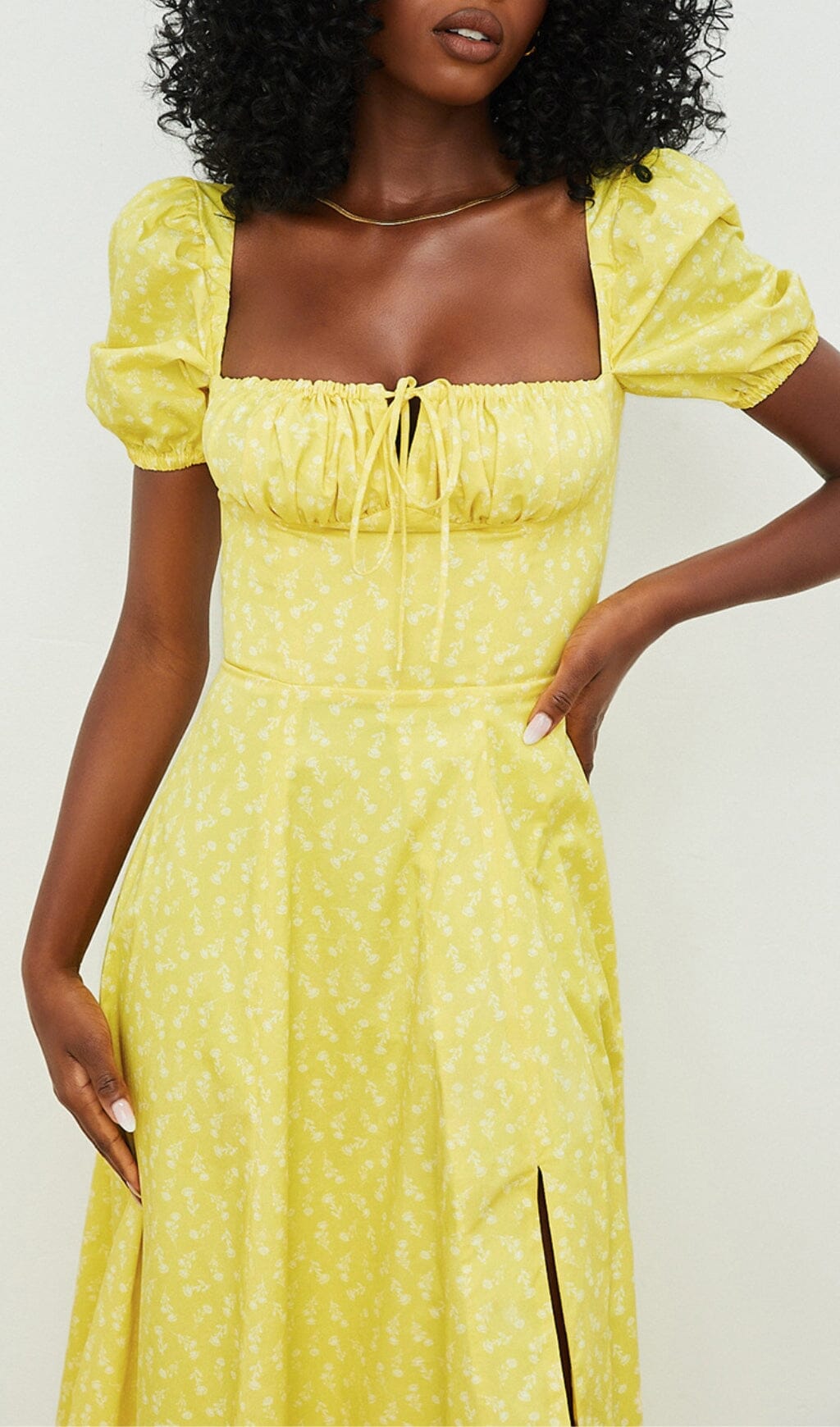 VINTAGE FLORAL PUFF SLEEVE MIDI DRESS IN YELLOW styleofcb 