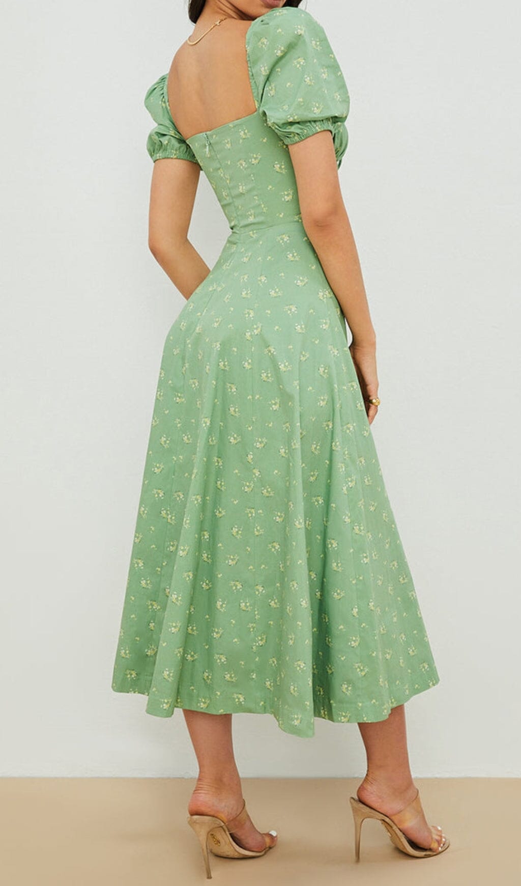 VINTAGE FLORAL PUFF SLEEVE MIDI DRESS IN GREEN styleofcb 
