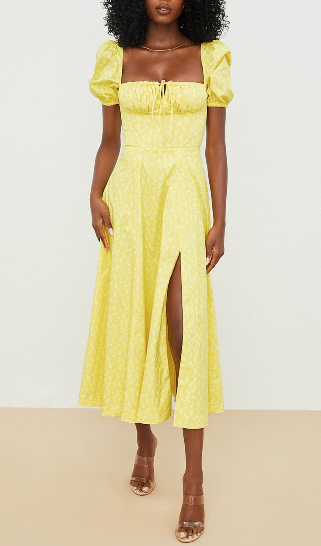 VINTAGE FLORAL PUFF SLEEVE MIDI DRESS IN YELLOW styleofcb 