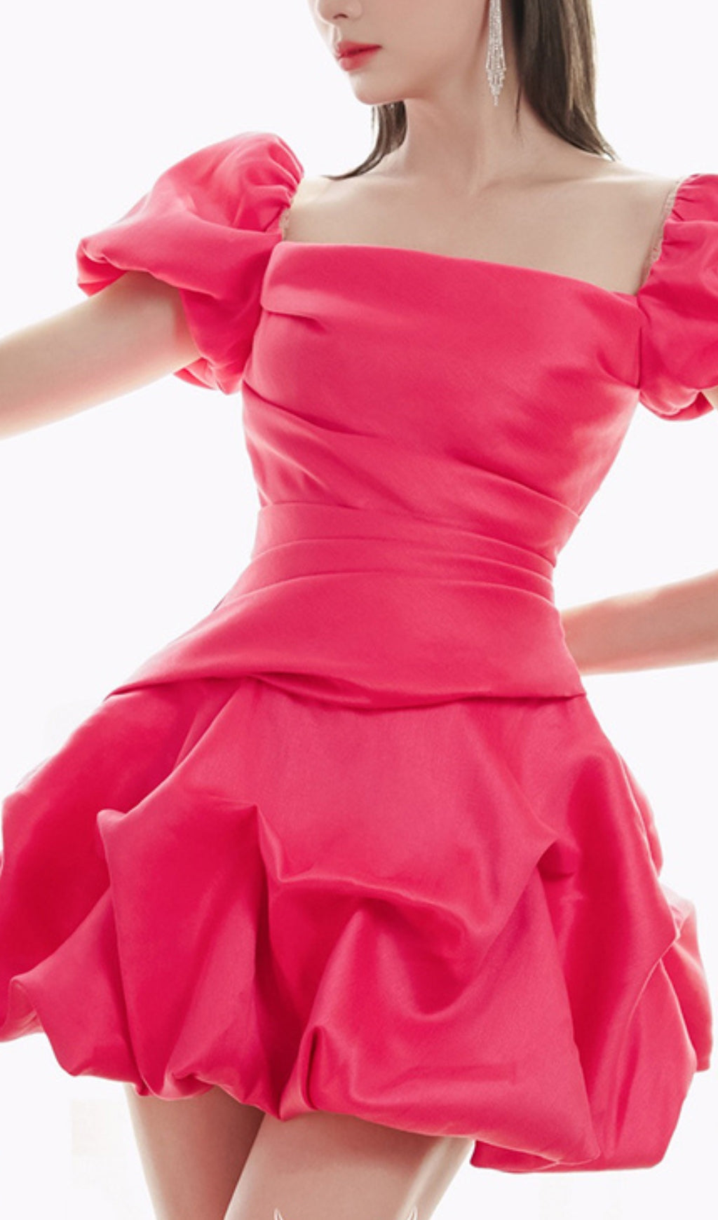 PUFF SLEEVE MINI DRESS IN ROSE RED