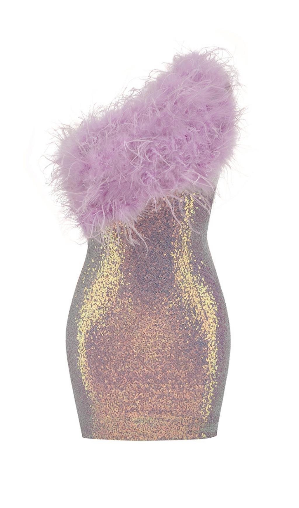 PURPLE ONE SHOULDER SEQUIN FEATHER MINI DRESS Dresses styleofcb 