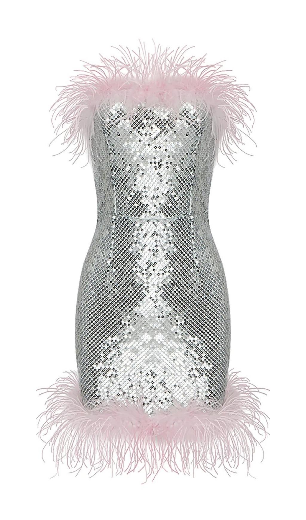 STRAP SILVER SEQUIN FEATHER MINI DRESS Dresses styleofcb 