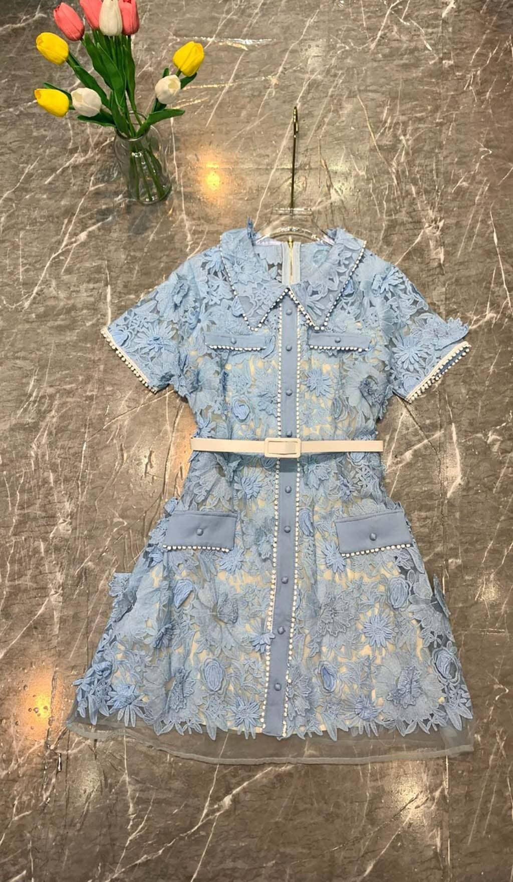 A-LINE FLORAL EMBROIDERY MINI DRESS IN BLUE DRESS STYLE OF CB 