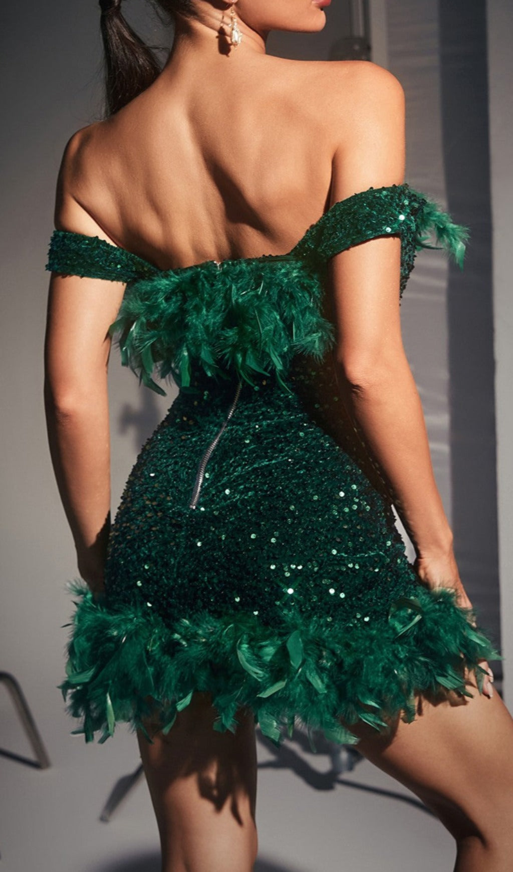 OFF SHOULDER SEQUIN FEATHER MINI DRESS IN GREEN