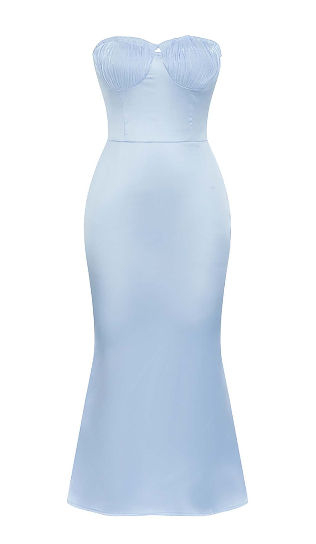 BANDEAU SATIN SLIT MIDI DRESS IN SKY BLUE