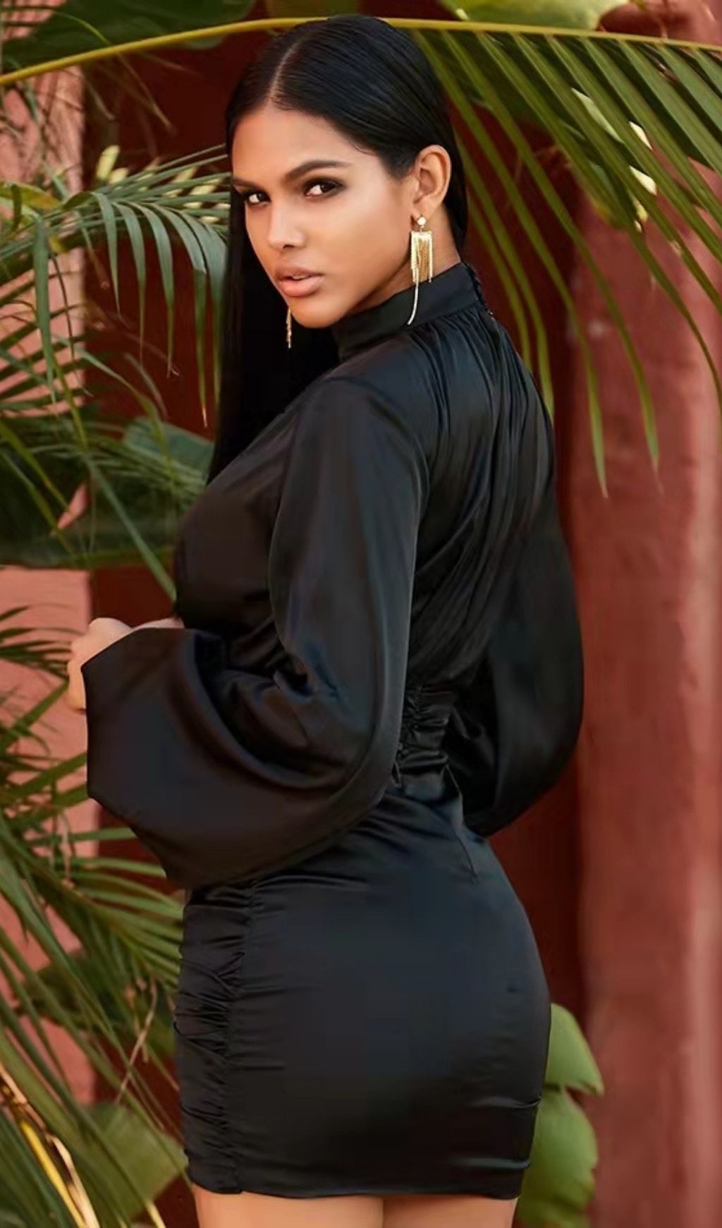 BLACK HEAVY SATIN HIGH NECKED DRAPED DRESS
