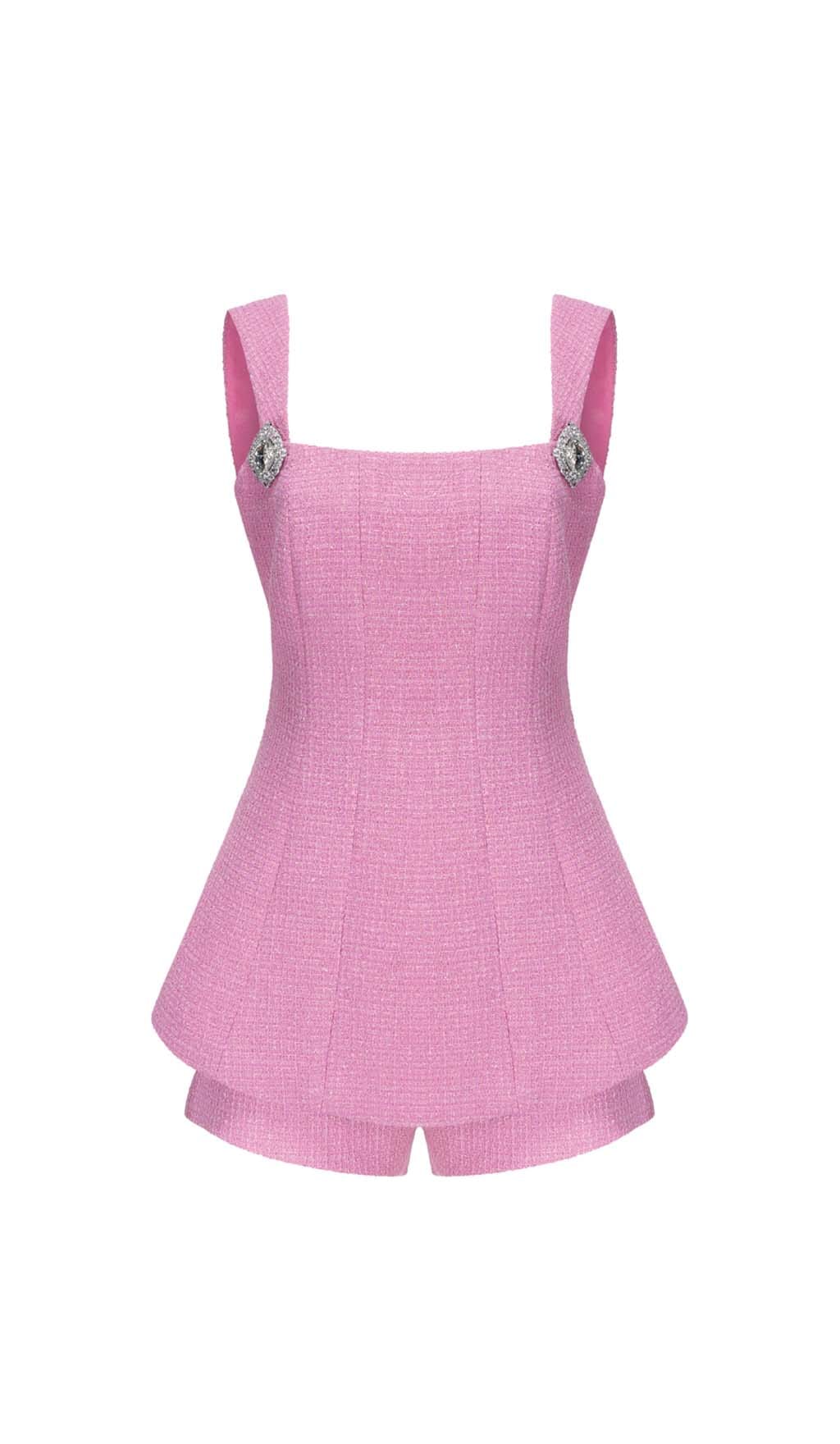 BOW-EMBELLISHED RHINESTONE MINI DRESS IN PINK