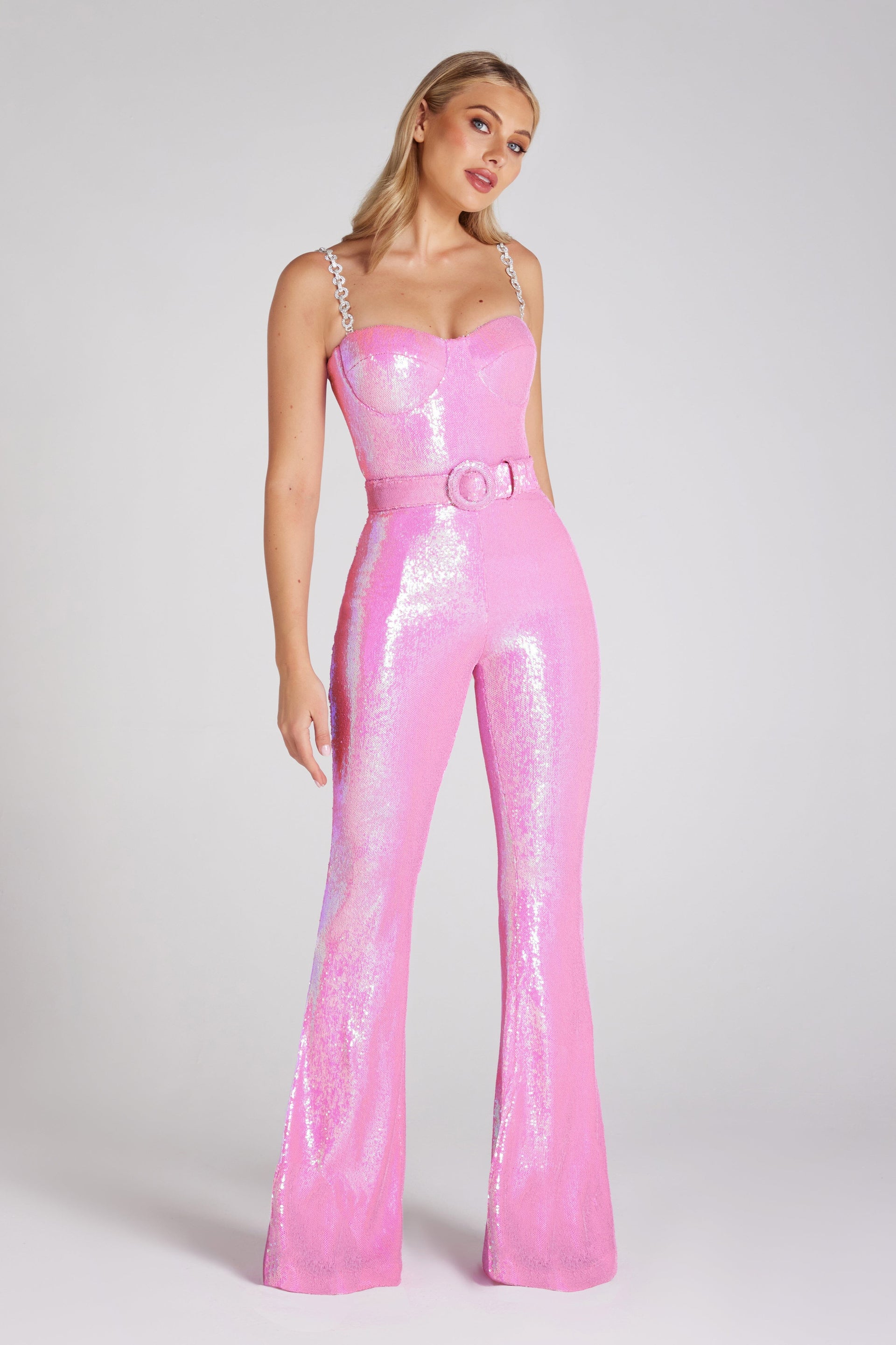 BELT SEQUIN JUMPSUIT IN PINK Jumpsuits styleofcb 