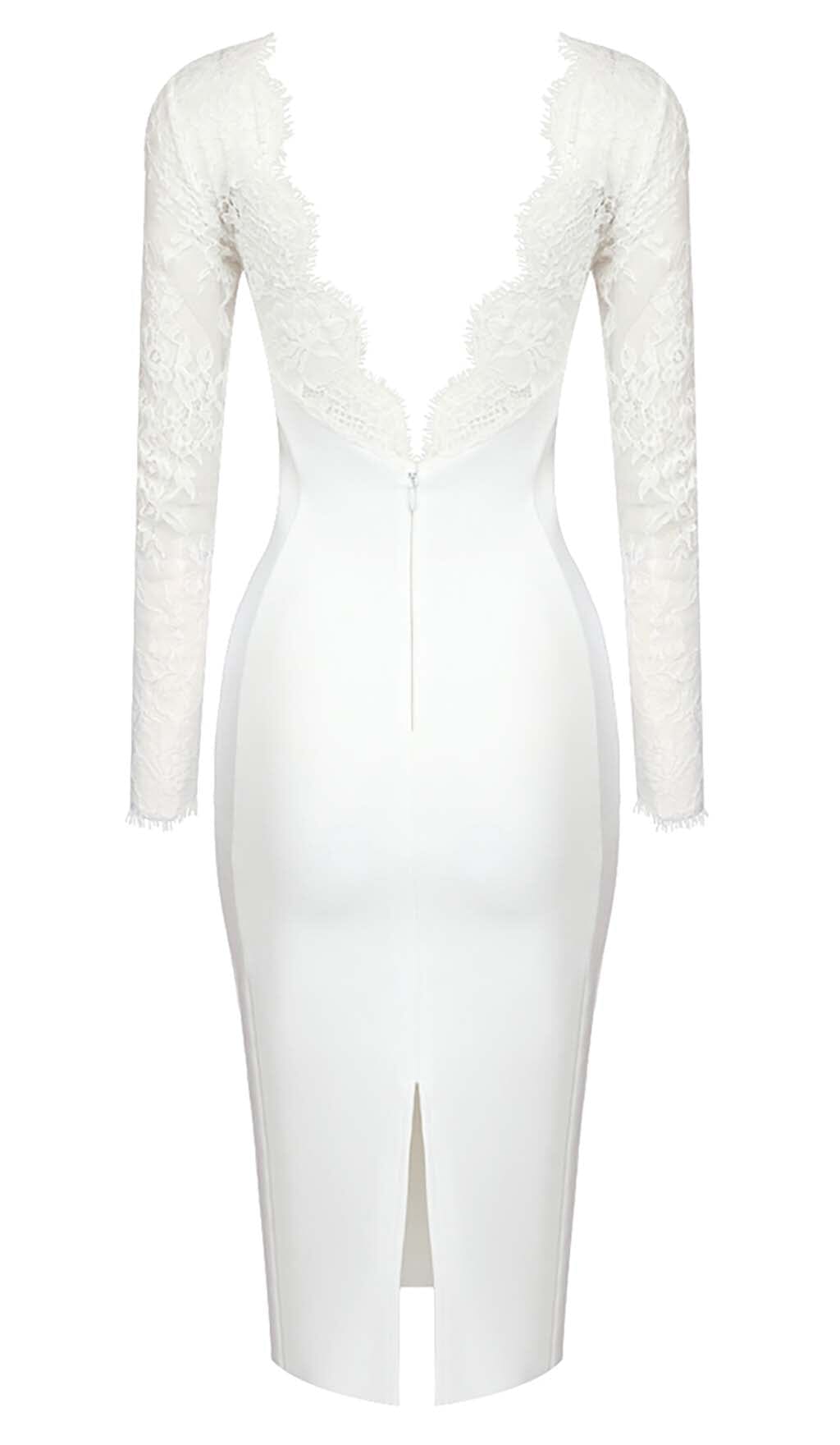 EMBROIDERED LACE MIDI DRESS IN WHITE