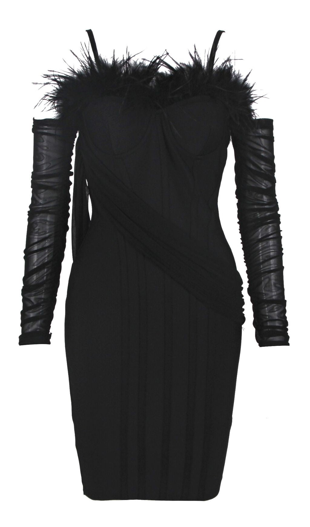 FEATHER LONG SLEEVE BANDAGE MINI DRESS IN BLACK Dresses styleofcb XS BLACK 