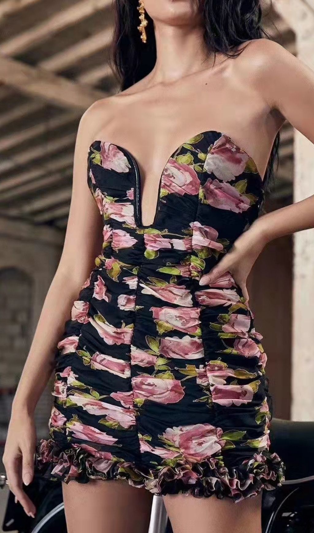 FLOWER PRINTED STRAPLESS PLUNGE MINI DRESS Dresses styleofcb 