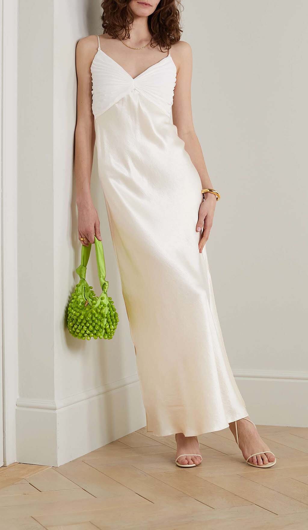 GEORGETTE PLEATED SATIN MAXI DRESS IN WHITE DRESS styleofcb 