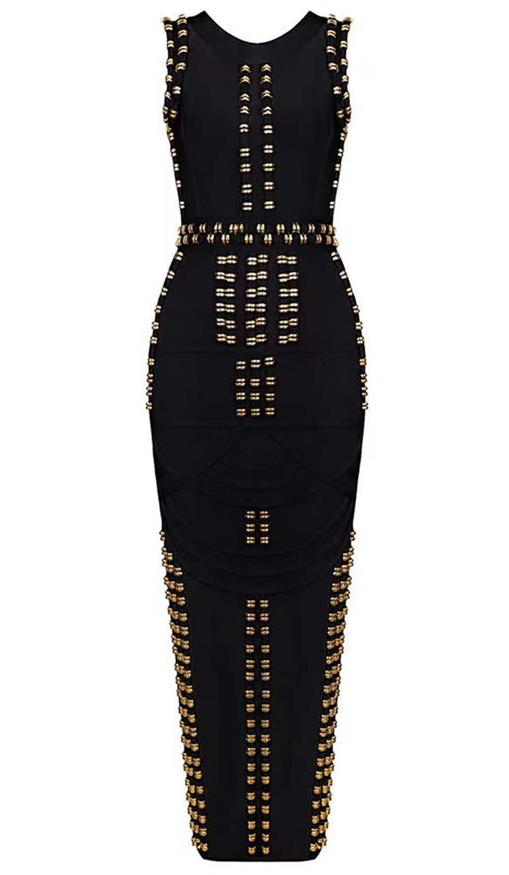 GOLD ACCENT BANDAGE MAXI DRESS DRESS STYLE OF CB S BLACK 