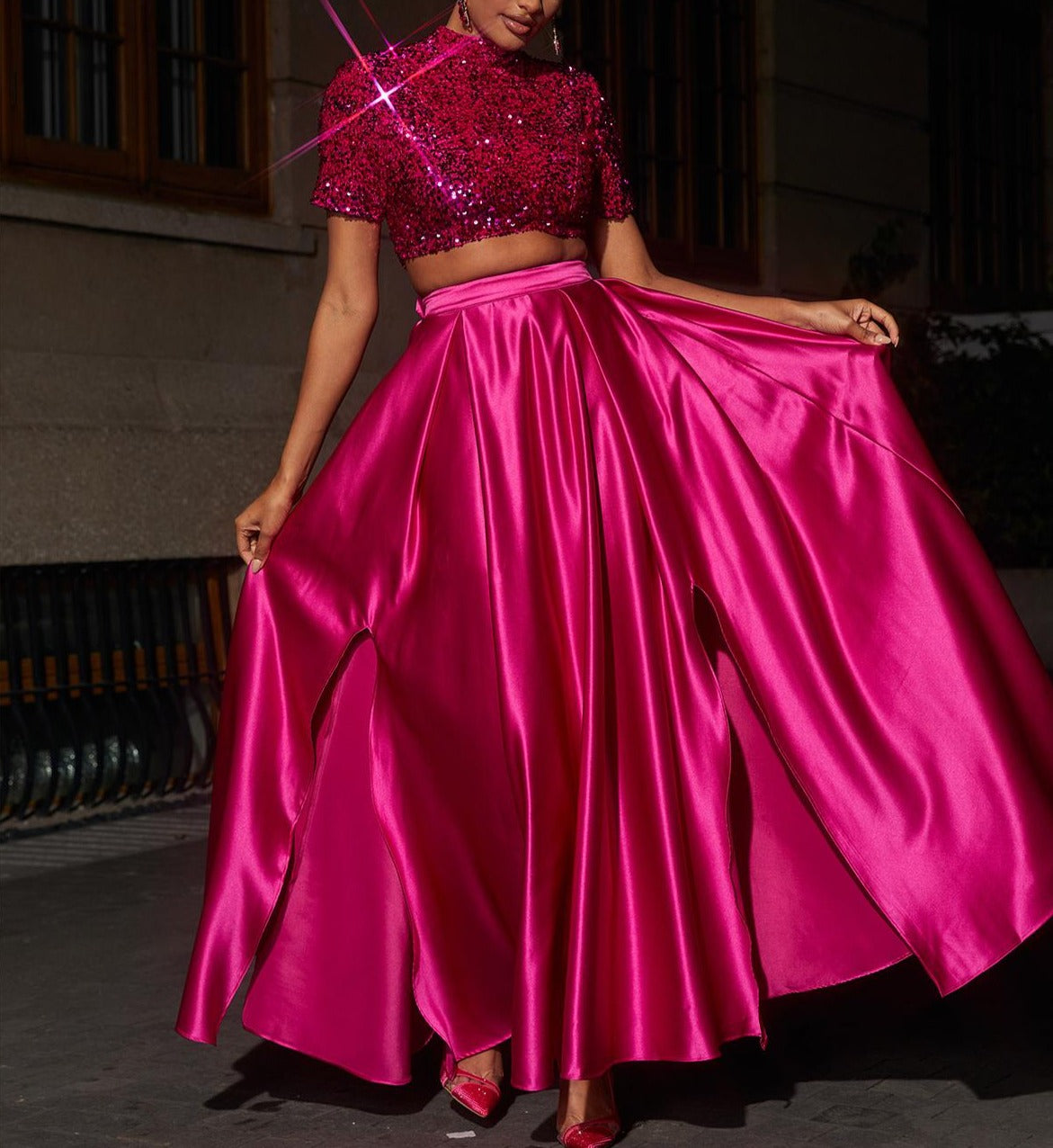 Short Sleeve Split Skirt Set