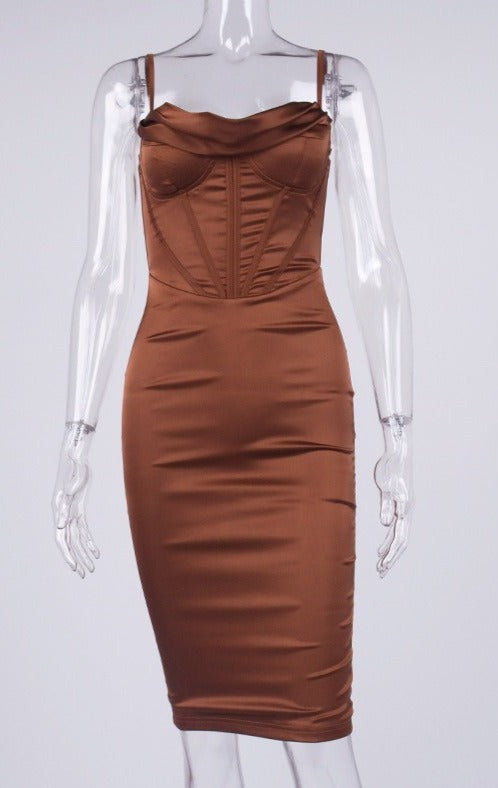 CHOCOLATE SATIN CORSET SLIP DRESS Matching Sets ohmogo 