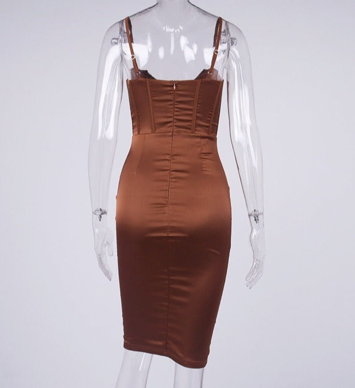 CHOCOLATE SATIN CORSET SLIP DRESS Matching Sets ohmogo 