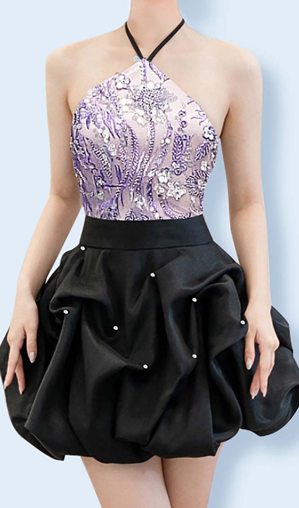 HANGING NECK BUD MINI DRESS IN OMBRE PURPLE DRESS STYLE OF CB 