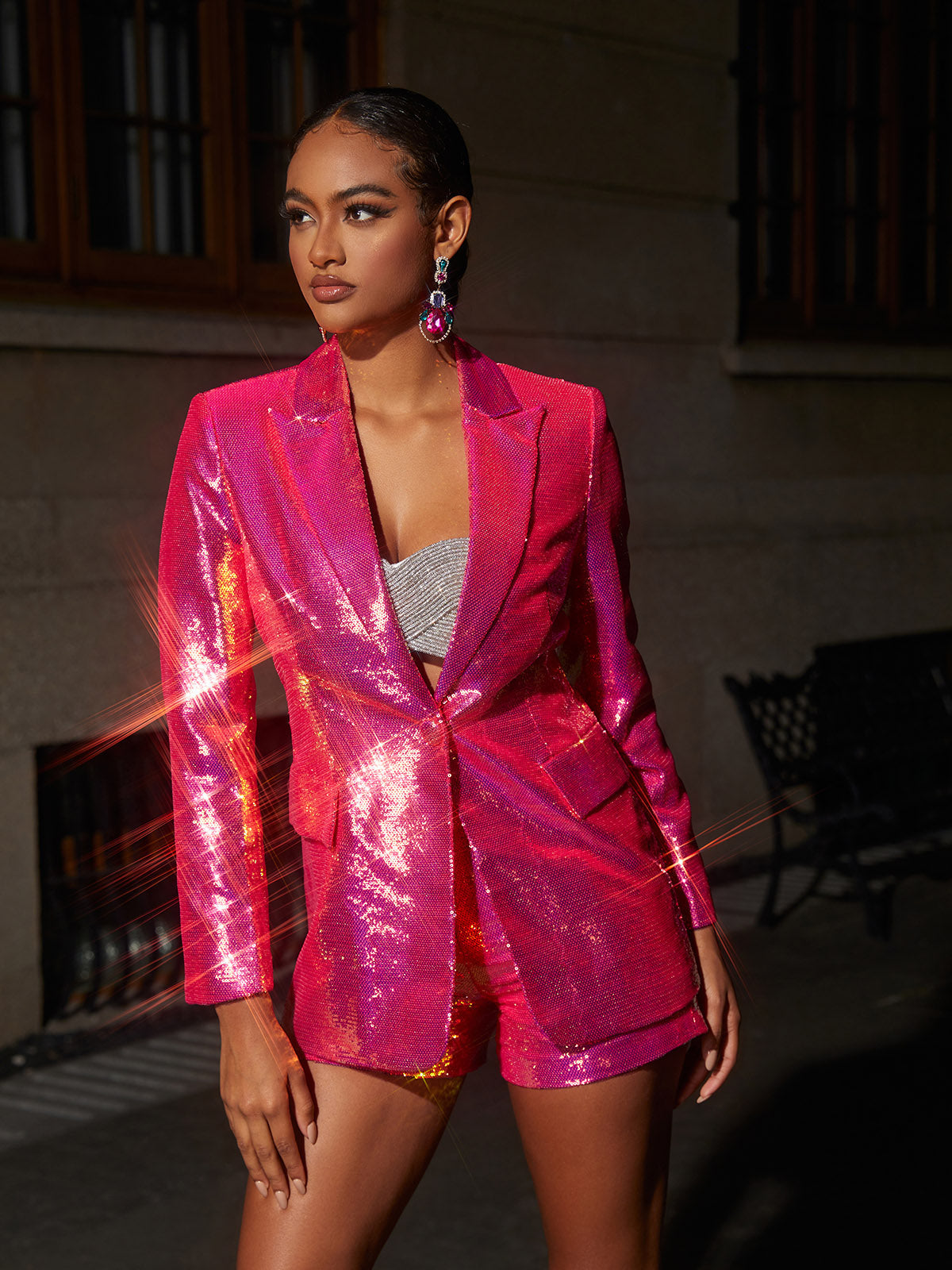 Sequin Blazer Shorts Set In Hot Pink