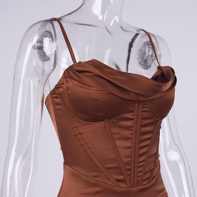 CHOCOLATE SATIN CORSET SLIP DRESS Matching Sets ohmogo 
