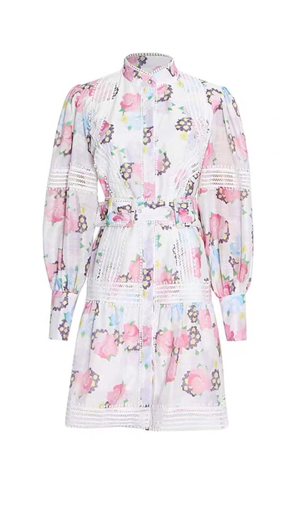 LACE TRIM LANTERN SLEEVE MINI DRESS IN FLORAL DRESS STYLE OF CB 