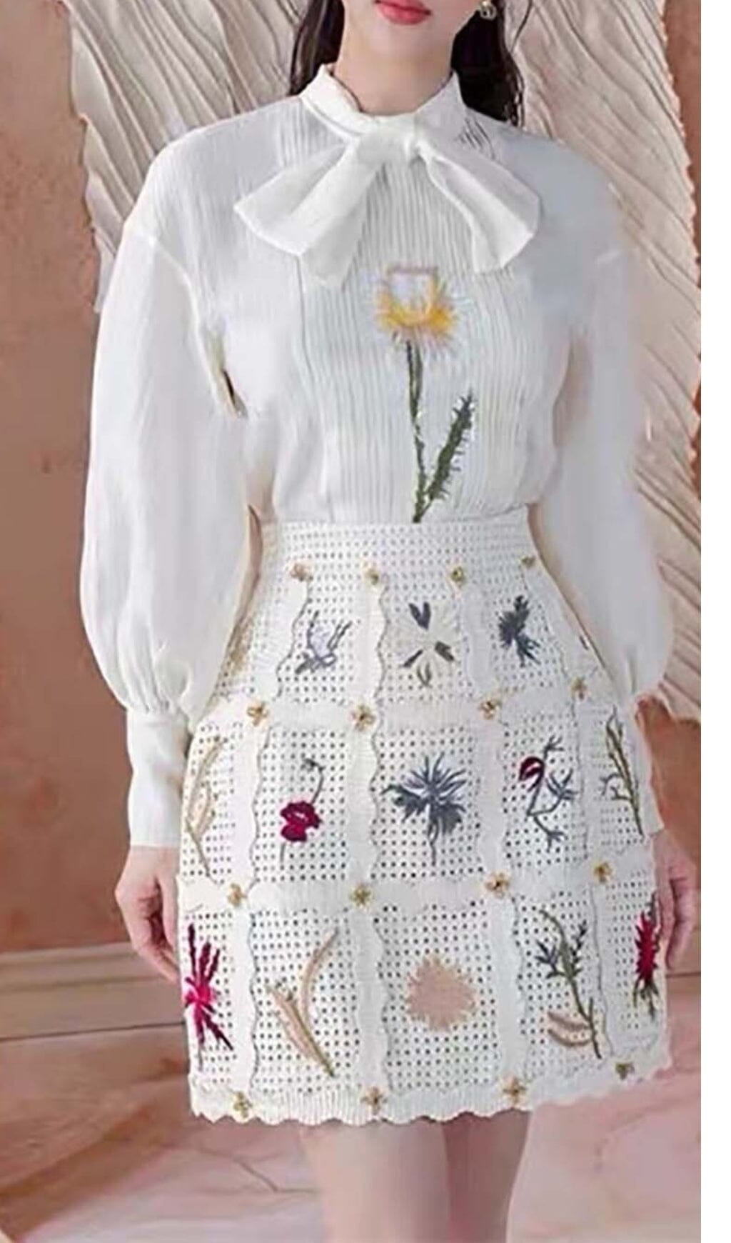 LANTERN SLEEVE EMBROIDERY TWO PIECE SET IN WHITE DRESS STYLE OF CB 