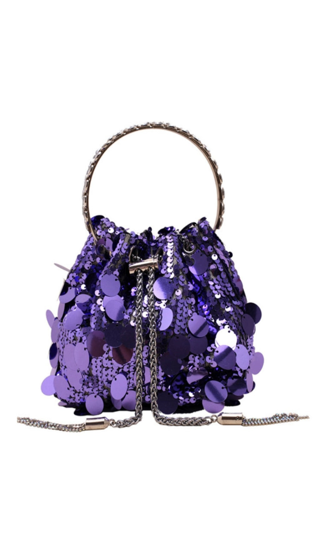 EMBELLISHED SEQUIN DISC BUCKET BAG IN PURPLE