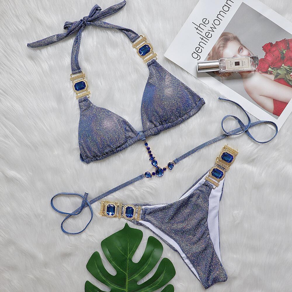 CRYSTAL SPARKLE BIKINI TWO PIECE SET IN BLUE-Swimwear-Oh CICI SHOP