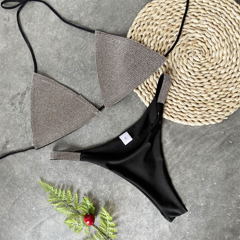 RHINESTONE BIKINI TWO PIECE SET IN BLACK-Swimwear-Oh CICI SHOP