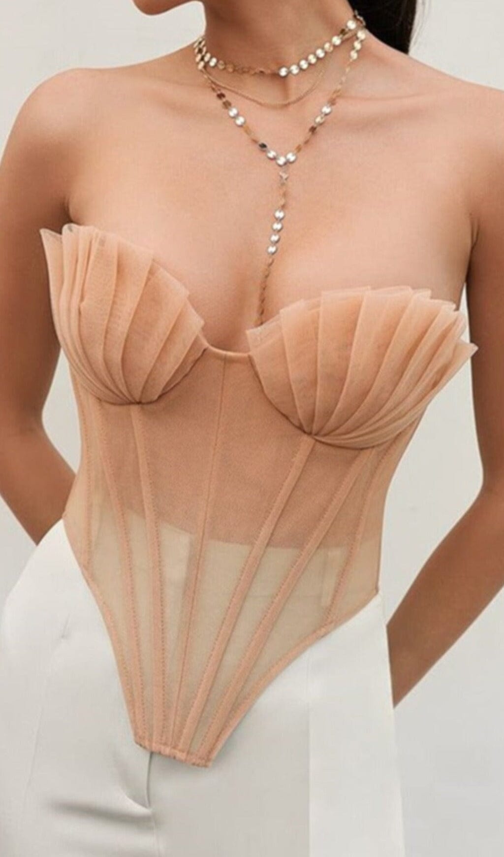 SHELL MESH LACE UP CORSET TOP IN BEIGE Tops styleofcb 