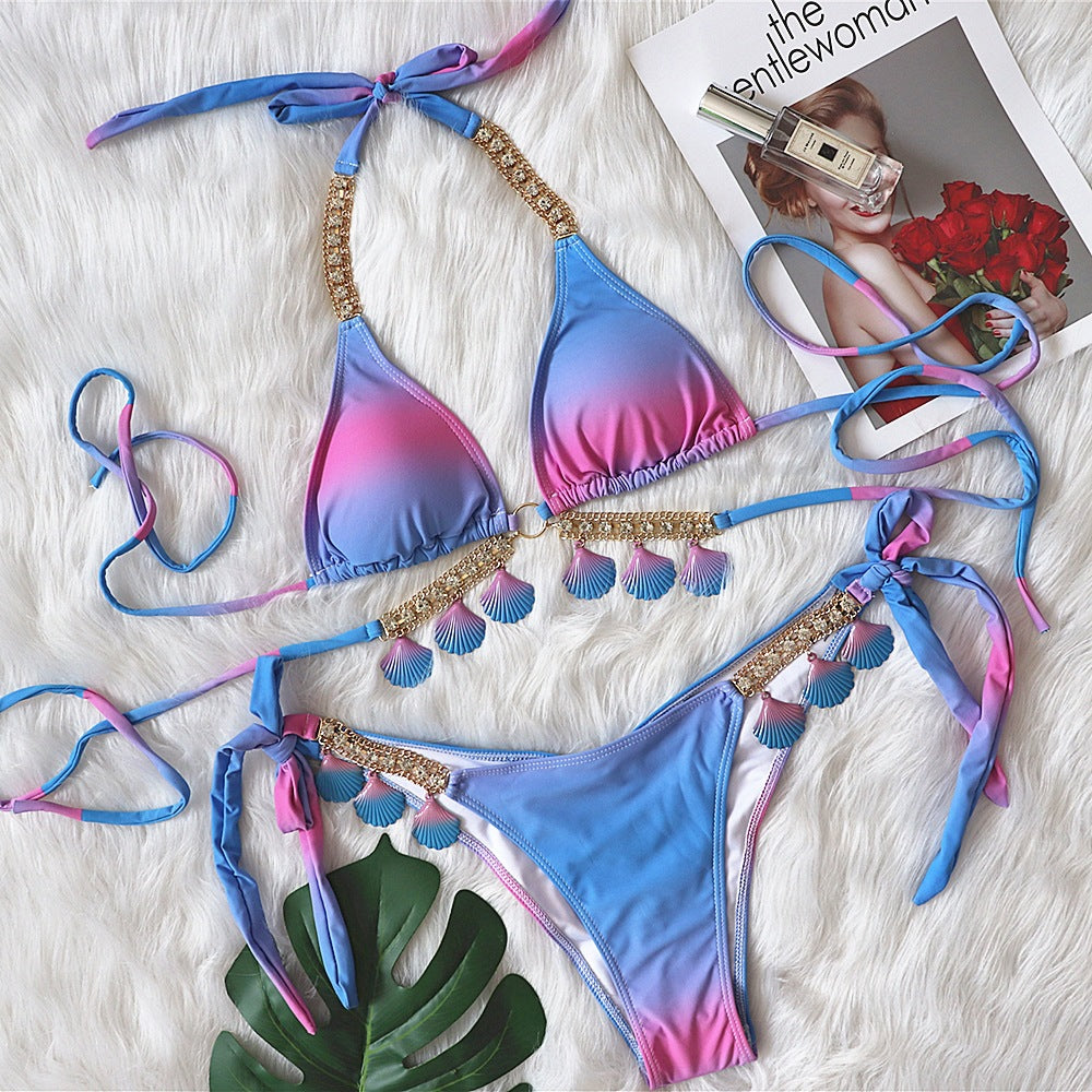 OMBRE RHINESTONE TRIMMED BIKINI TWO PIECE SET IN PURPLE-Swimwear-Oh CICI SHOP